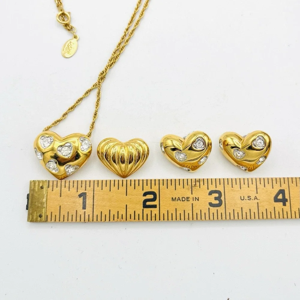 Vintage Joan Rivers Two Heart Necklace Slide Pendant Gold Crystal Earrings Chain